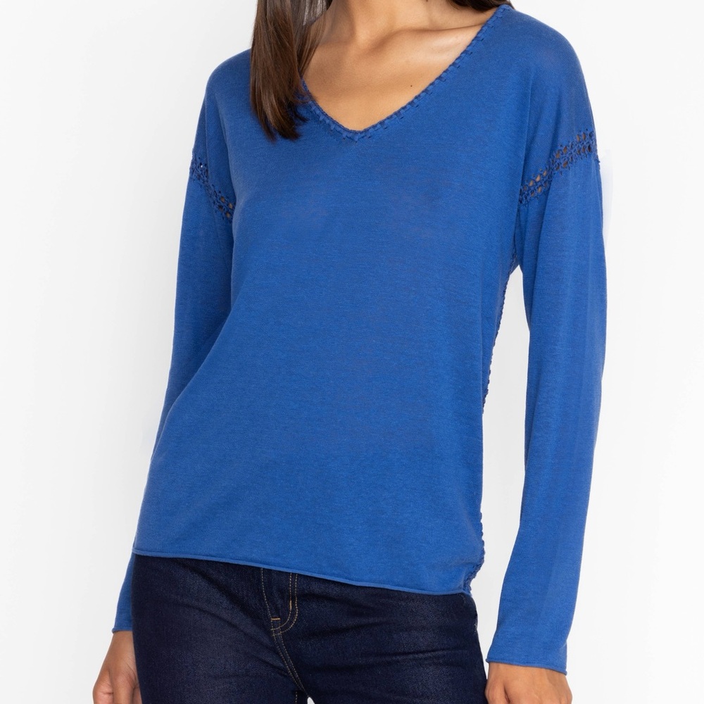 Johnny Was Silk Linen Blend Lightweight Whipstitch Pullover Top Royal Blue